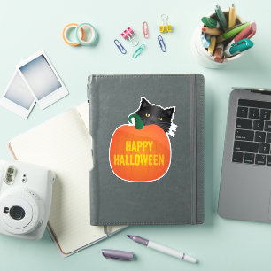 Sticker Halloween heureux - Chat noir avec Citrouille