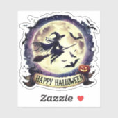 Sticker Halloween joyeuse - Sorcière en vol Broom (Feuille)