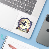 Sticker Halloween joyeuse - Sorcière en vol Broom (Ordinateur portable avec iPhone)