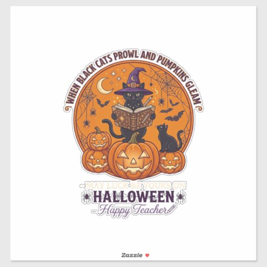 Sticker Halloween Joyeux Professeur Chat Noir Sorcière Cha (Feuille)