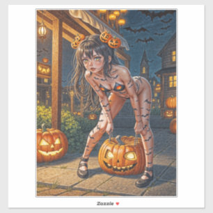 Sticker Halloween Monster Jack-o-Lantern & Bat Vixen Girl