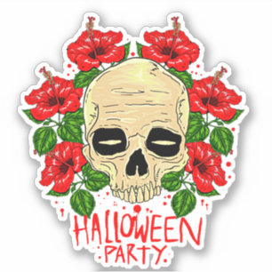 Sticker Halloween Parti Crâne sang Fleurs rouges Kiss-Cut