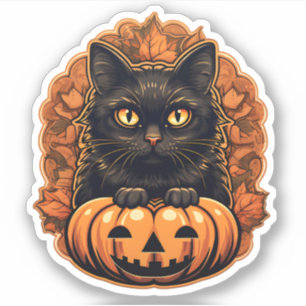 Sticker Halloween Petit Chat noir & Jack-o'-lantern orange