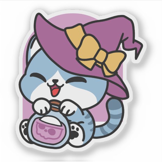 Sticker Halloween Tabby Cat – Witch Hat & Potion Art (Devant)