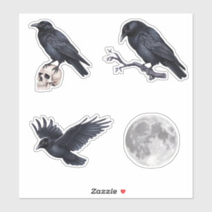 Sticker Halloween Tendance Corbeau noir, crâne et lune 