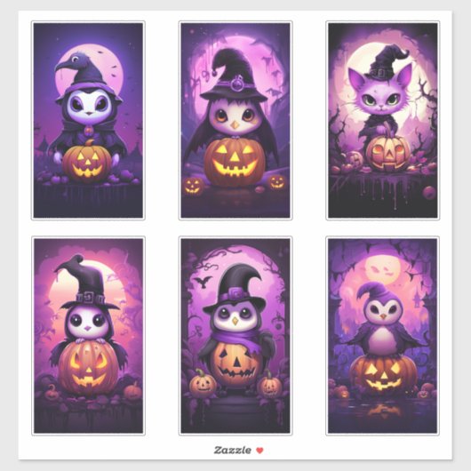 Sticker Halloween Violet Emo Manchot avec des amis 2 (Feuille)