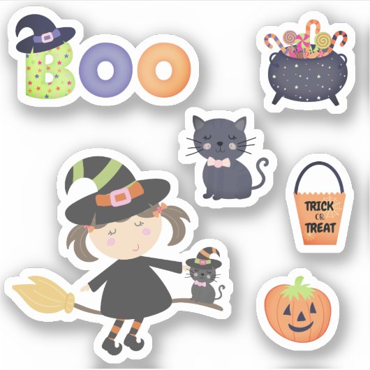 Sticker Halloween Watercolor Sorcière Boo Citrouille chat (Devant)