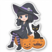 Sticker Halloween Witch, Black Cat, and Curved Pumpkins (Devant)