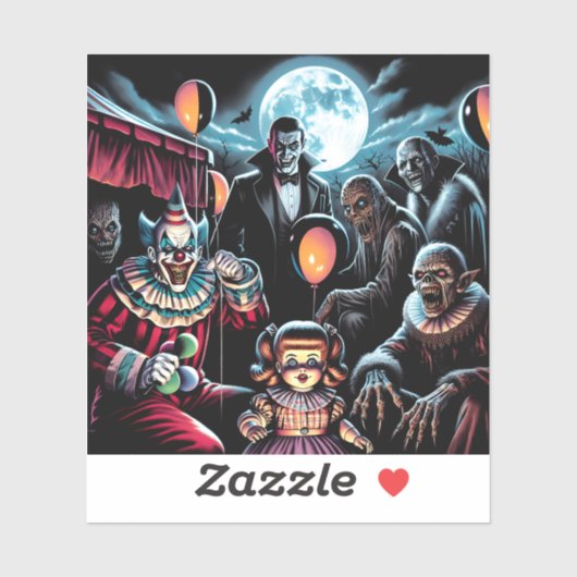 Sticker Halloween Zombie, Clown, Vamp et poupée hantée (Feuille)