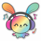 Sticker Happy Bunny avec écouteurs écoutant de la musique. (Devant)