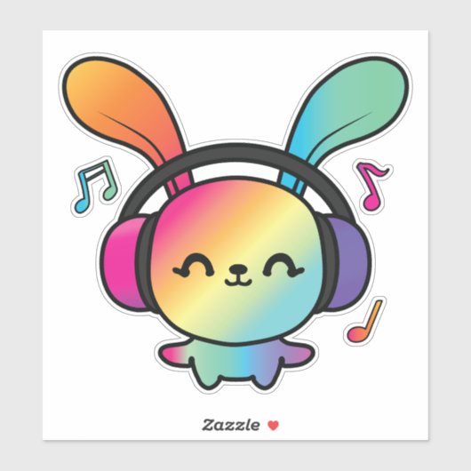 Sticker Happy Bunny avec écouteurs écoutant de la musique. (Feuille)