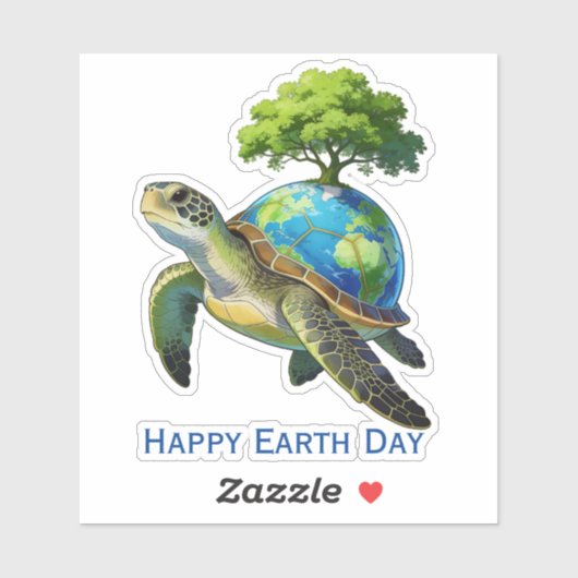 Sticker Happy Earth Day Turtle Planet and Tree (Feuille)