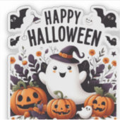 Sticker Happy Halloween Ghost et Citrouille Fun Art Tee (Devant)