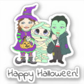 Sticker Happy Halloween, maman, Vampire et sorcier enfants (Devant)