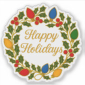 Sticker Happy Holidays Wreath Christmas Lights and Holly (Devant)