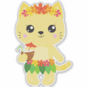Sticker Hawaii Chat, Cute Chat, Chat Jaune, Fleurs, Luau (Devant)