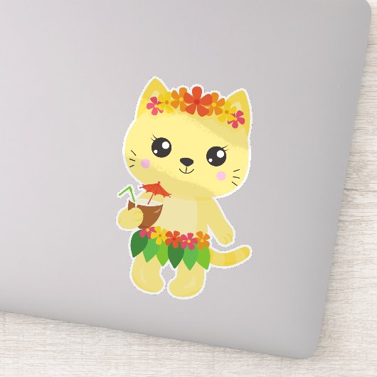 Sticker Hawaii Chat, Cute Chat, Chat Jaune, Fleurs, Luau (Détail)