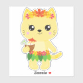 Sticker Hawaii Chat, Cute Chat, Chat Jaune, Fleurs, Luau (Feuille)