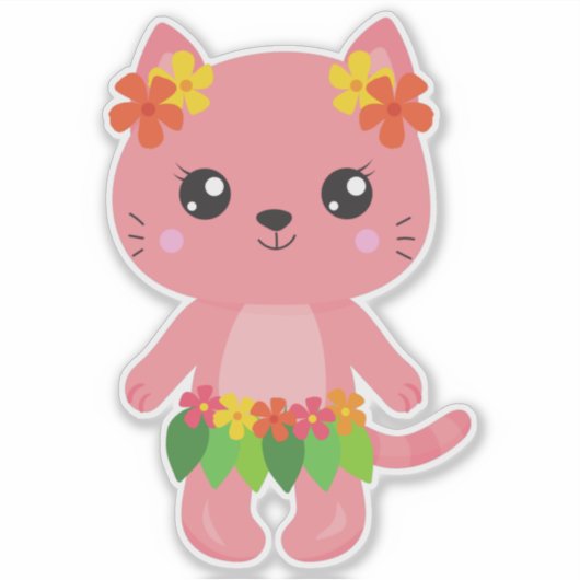 Sticker Hawaii Chat, Cute Chat, Chat Rose, Fleurs, Luau (Devant)