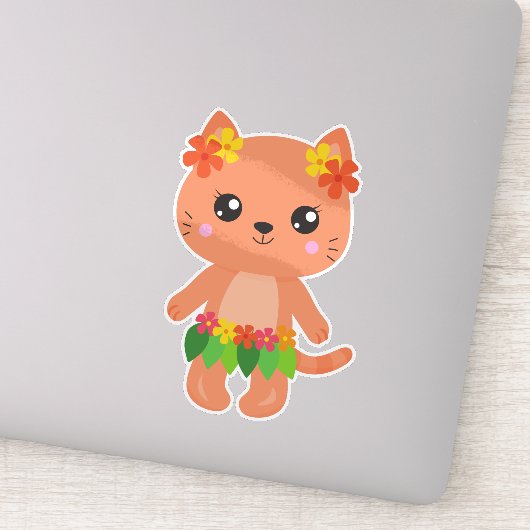 Sticker Hawaii Chat, Cute Chat, Orange Chat, Fleurs, Luau (Détail)