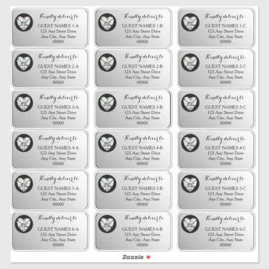 Sticker Heart Diamond Argent Mariage Adresse client Sticke (Feuille)