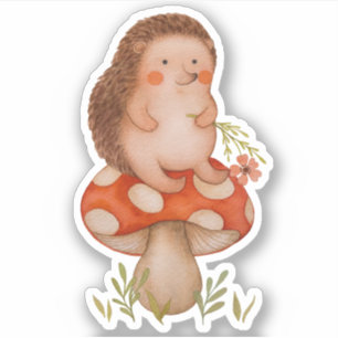 Sticker Hérisson À L'Aquarelle Sur Un Champignons