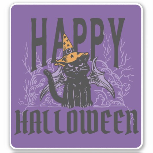 STICKER HEUREUX HALLOWEEN CHAT NOIR AVIONS (Devant)