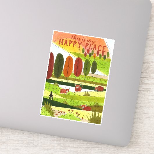 Sticker Highland Cow Fields Art C'est mon Happy Place (Détail)