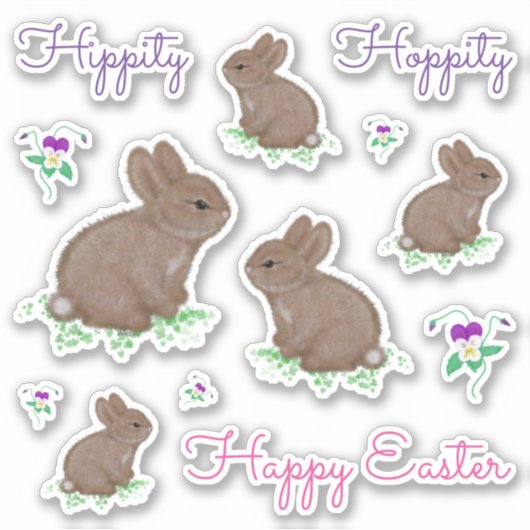 Sticker Hippity Hoppity Joyeux lapins de Pâques et fleurs (Devant)