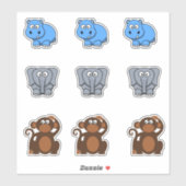 Sticker Hippo animal sauvage, éléphant, dessin animé singe (Feuille)