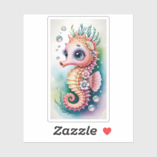 Sticker Hippocampe mignon à l'aquarelle avec grands yeux b