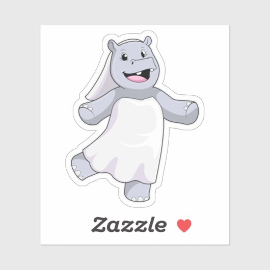 Sticker Hippopotame en mariée avec voile (Feuille)