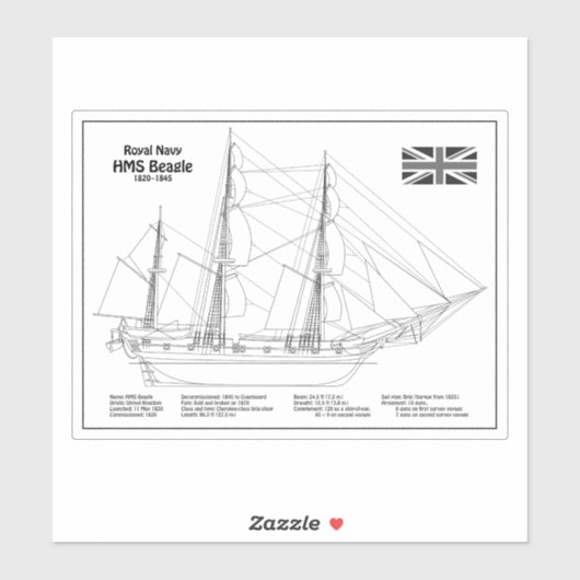 Sticker HMS Beagle Tall Ship - Plan d'expédition BD (Feuille)