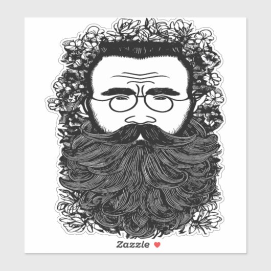 Sticker Homme Whimsical Beard Mustache Fleurs Art (Feuille)
