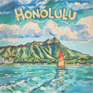 Sticker Honolulu Hawaï paysage de voyage vintage Van Gogh