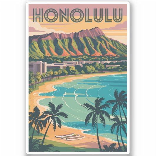 Sticker Honolulu Hawaii Illustration Voyage Art Vintage (Devant)
