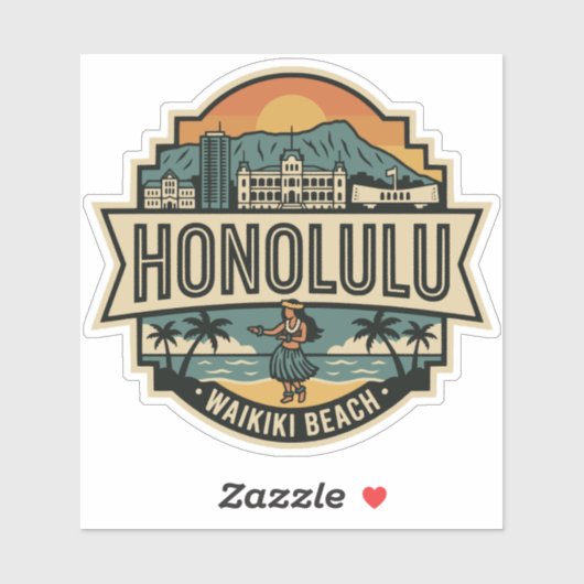 Sticker Honolulu Hawaii Skyline Beach Travel Badge (Feuille)