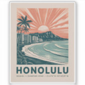 Sticker Honolulu Oahu Hawaii Waikiki Beach Retro Travel (Devant)