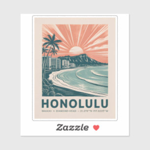 Sticker Honolulu Oahu Hawaii Waikiki Beach Retro Travel