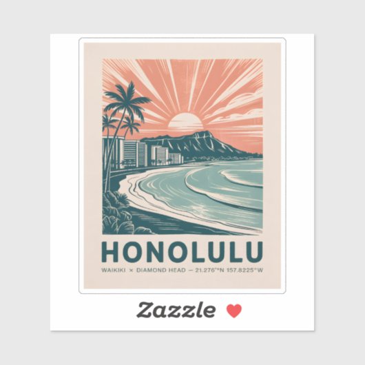 Sticker Honolulu Oahu Hawaii Waikiki Beach Retro Travel (Feuille)