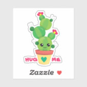 Sticker "HUG ME" dessin animé de doodle cactus dans un pot (Feuille)