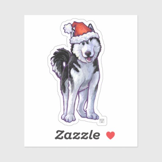 Sticker Husky festif dans un chapeau de Père Noël (Feuille)