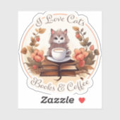 Sticker I Love Cats, Livres et Café (Feuille)