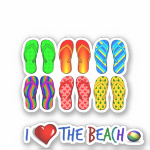 Sticker I Love the Beach, tongs colorés