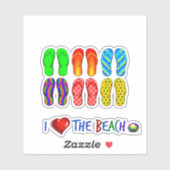 Sticker I Love the Beach, tongs colorés (Feuille)