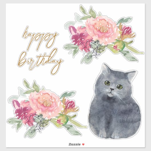 Sticker Illustration de chat d'amour Joyeux anniversaire F (Feuille)