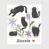 Sticker Illustration de chats noirs mignons et de fleurs v (Feuille)