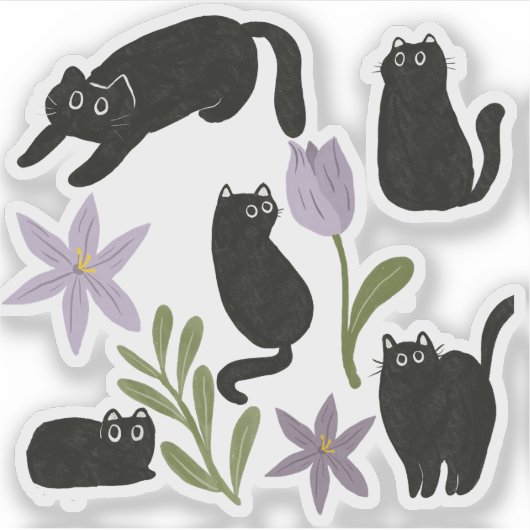 Sticker Illustration de chats noirs mignons et de fleurs v (Devant)
