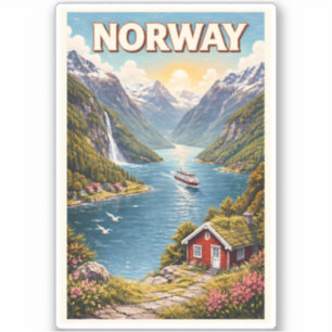 Sticker Illustration de fjord norvégien Art de voyage vint