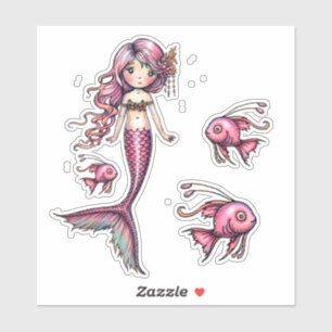 Sticker Illustration de la petite sirène rose et du poisso